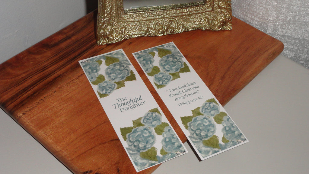 Christian hydrangea bookmark by The Thoughtful Daughter, teal watercolor florals with Philippians 4:13 ‘I can do all things through Christ who strengthens me.