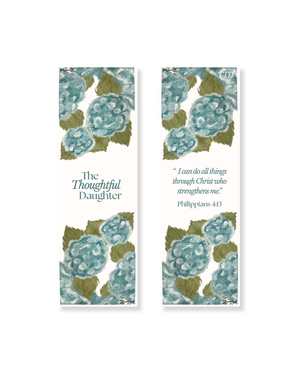 Christian hydrangea bookmark by The Thoughtful Daughter, teal watercolor florals with Philippians 4:13 ‘I can do all things through Christ who strengthens me.
