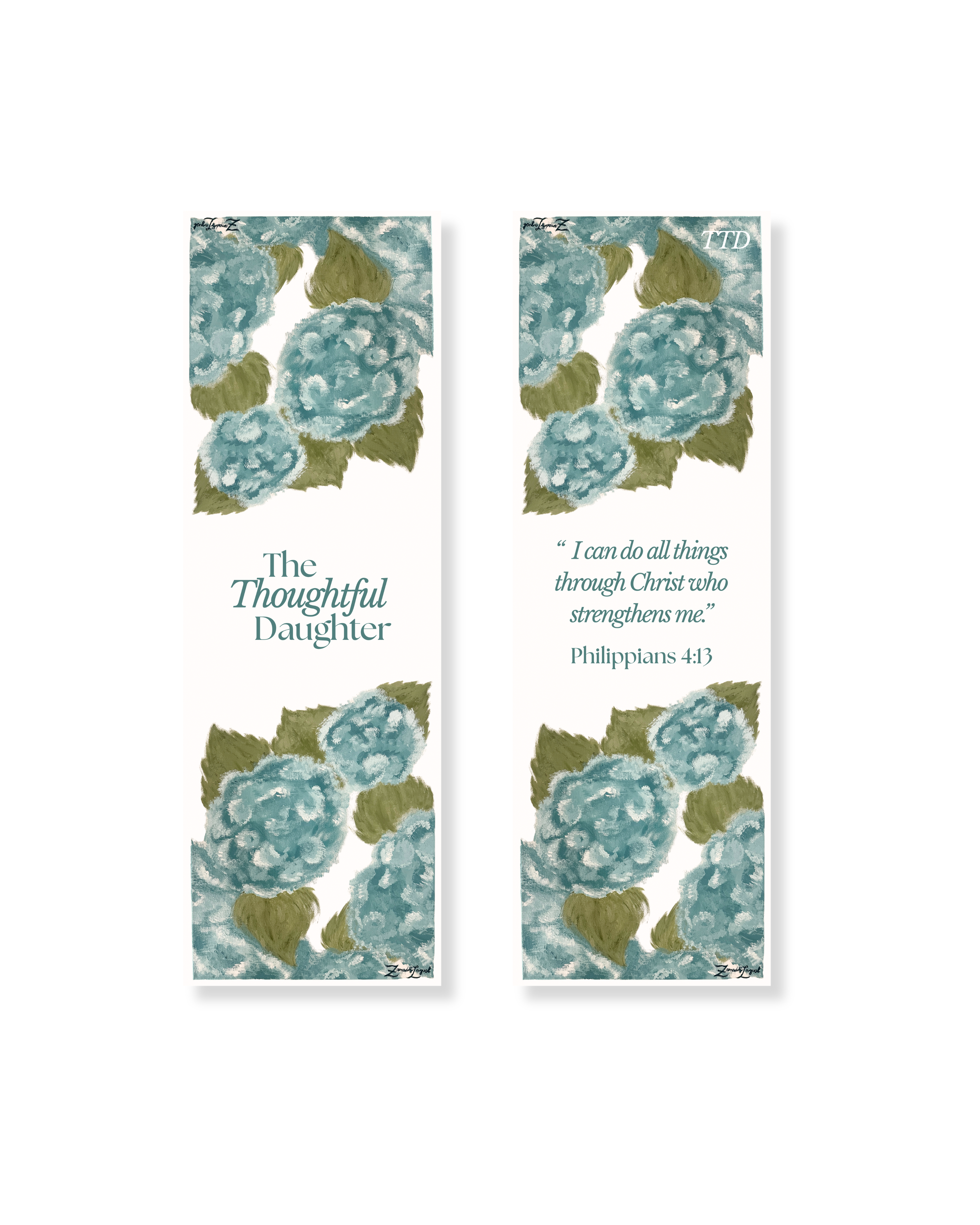 Christian hydrangea bookmark by The Thoughtful Daughter, teal watercolor florals with Philippians 4:13 ‘I can do all things through Christ who strengthens me.