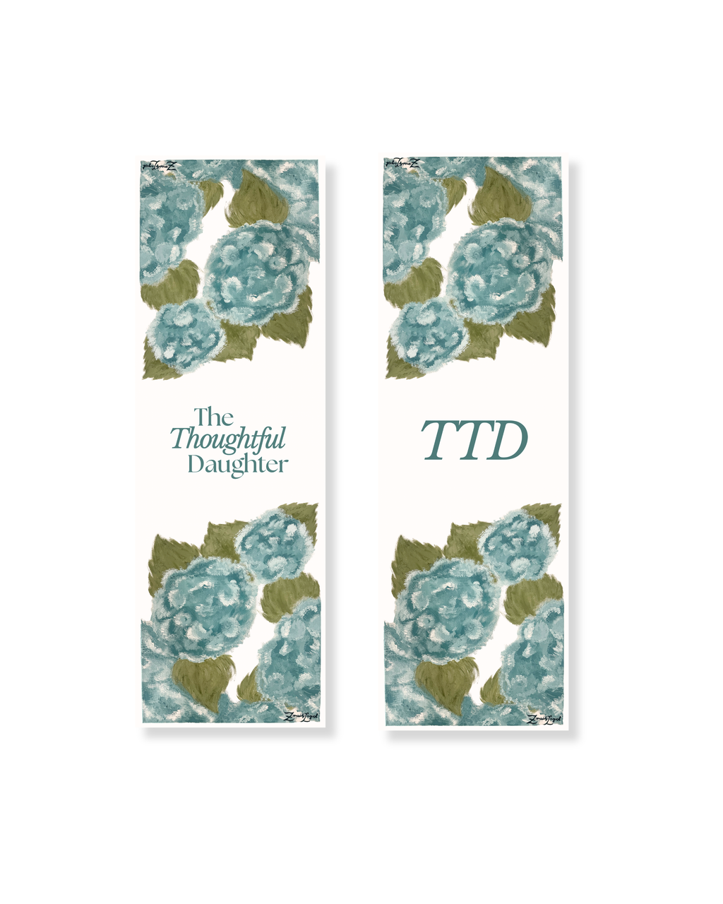 The Thoughtful Daughter hydrangea bookmark set, teal watercolor florals with logo and TTD monogram, double-sided aesthetic Christian stationery gift.