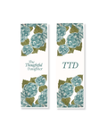 The Thoughtful Daughter hydrangea bookmark set, teal watercolor florals with logo and TTD monogram, double-sided aesthetic Christian stationery gift.