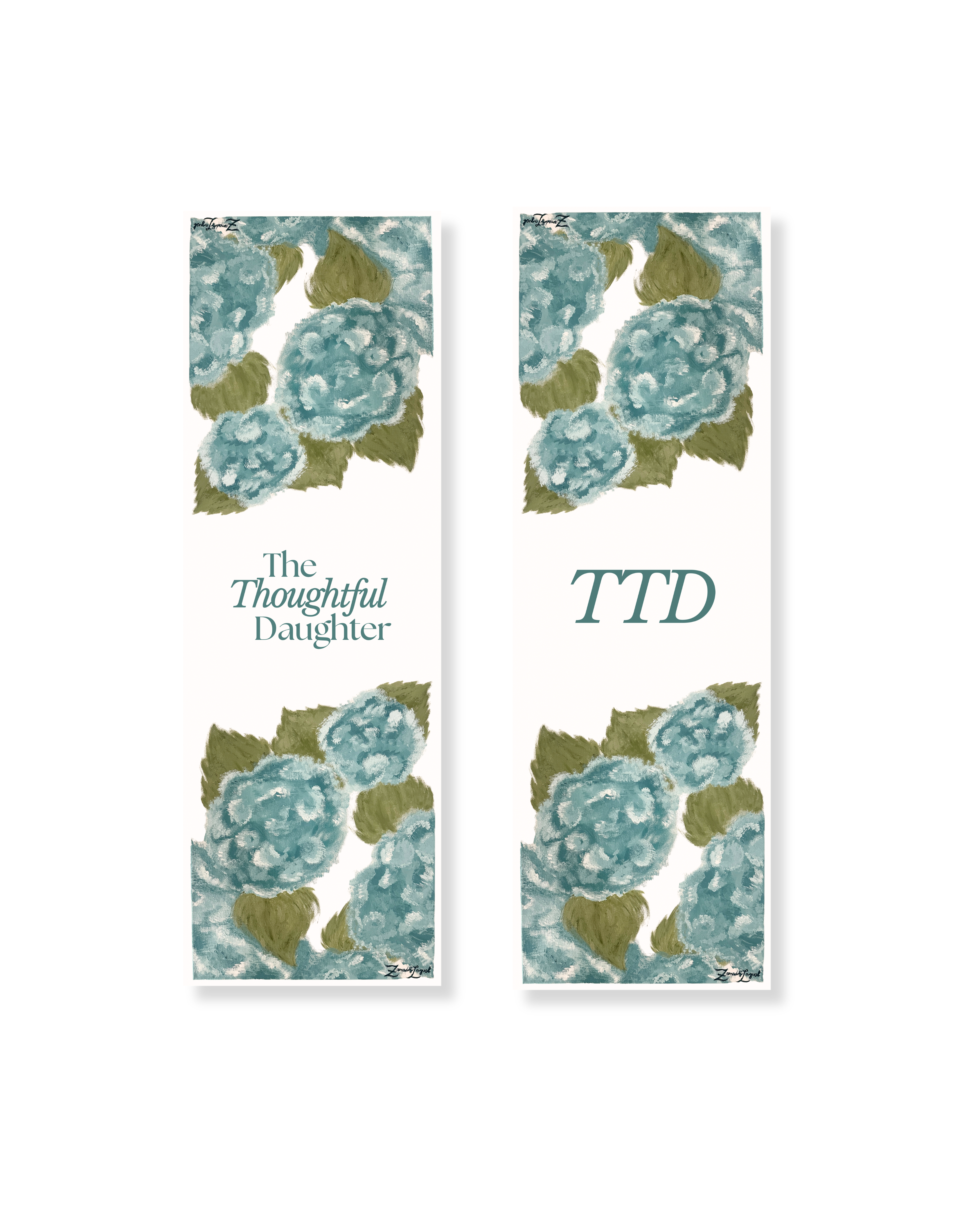 The Thoughtful Daughter hydrangea bookmark set, teal watercolor florals with logo and TTD monogram, double-sided aesthetic Christian stationery gift.
