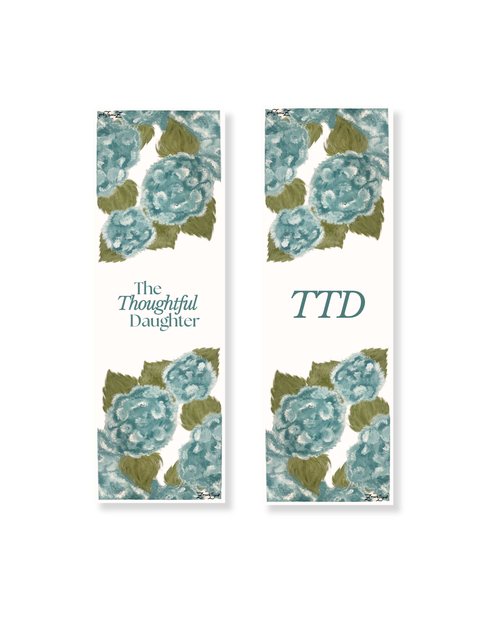 The Thoughtful Daughter hydrangea bookmark set, teal watercolor florals with logo and TTD monogram, double-sided aesthetic Christian stationery gift.