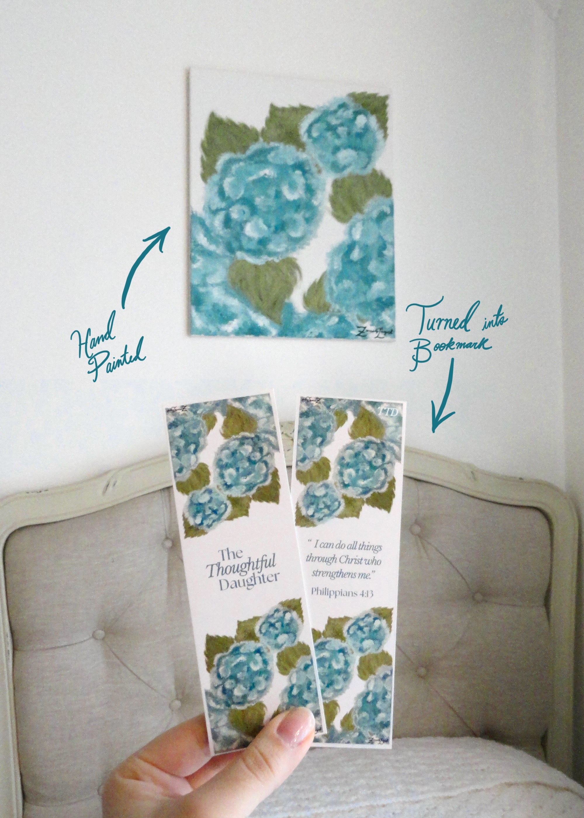 Christian hydrangea bookmark by The Thoughtful Daughter, teal watercolor florals with Philippians 4:13 ‘I can do all things through Christ who strengthens me..
